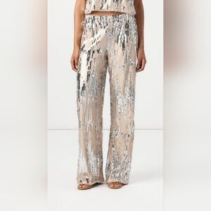 BNWT Noisy May Sequin Wide Leg Pants L Silver Champagne Disco Party Glam Festive